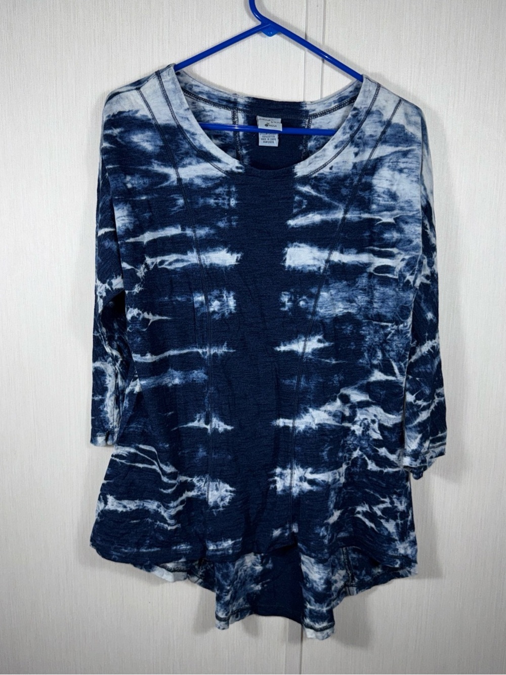 XCVI Mind Set M womens Navy Tie Dye 3/4 Dolman Sleeve Cotton Top Hi/lo